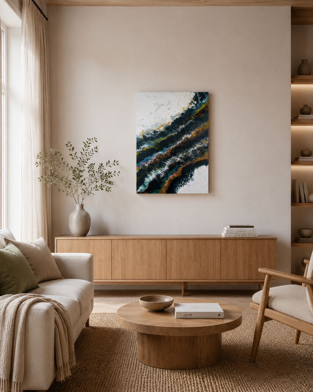 Fluid-Art-Gemälde in einem eingerichteten Wohnraum